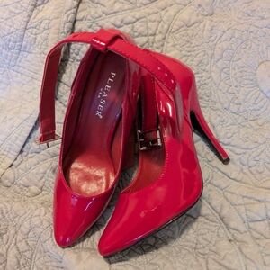 Pleaser Red Patent Pointed-Toe Ankle-Strap Stilettos
